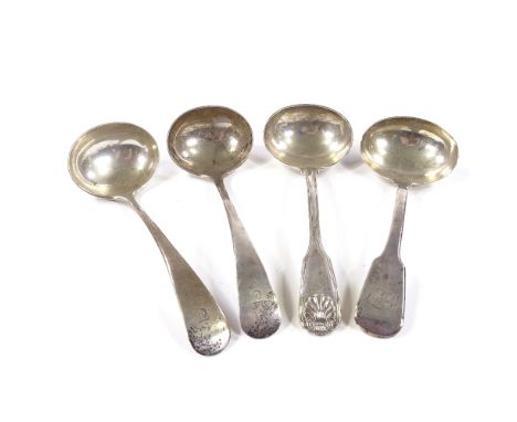 4 silver sauce ladles, comprising William IV Thread and Shell ladle, George III Fiddle ladle, and a pair of George V Old Engl