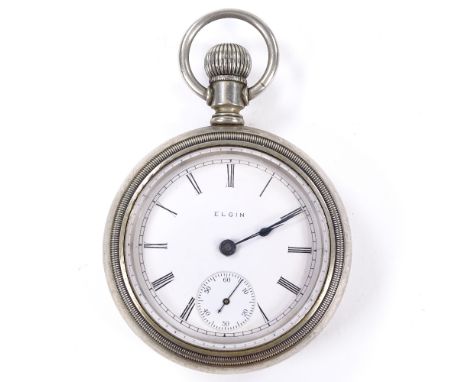 ELGIN - a silver plated open-face top-wind pocket watch, white enamel dial with roman numeral hour markers, blued steel hands