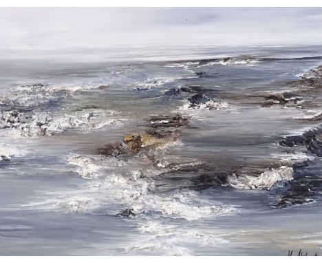 Modern oil on canvas, abstract seascape, indistinctly signed, 13" x 16", framed 