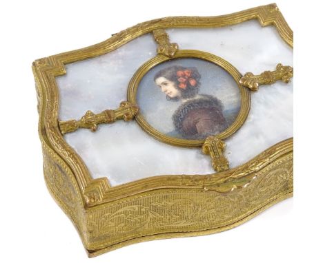 An ornate gilt-metal jewel box, circa 1900, the lid having a watercolour miniature portrait of a woman in mother-of-pearl sur