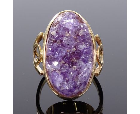 A large unmarked gold handmade amethyst geode panel dress ring, openwork shoulders, setting height 13mm, size approx S, 13.6g