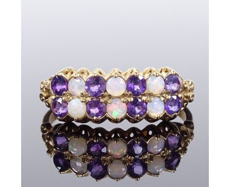 A 9ct gold opal and amethyst double-row half-hoop ring, with openwork shoulders and bridge, maker's marks SJ, setting height 