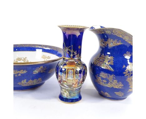 A Carlton Ware Kang Hsi wash jug and basin, and a Carlton Ware Bleu Royale Temple vase, enamelled and gilded chinoiserie deco