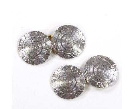 A pair of 14ct gold circular disc cufflinks, platinum-topped engine turned settings, panel diameter 14.2mm, 6.5gCondition Rep