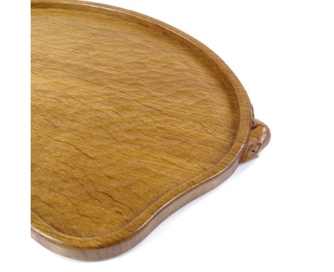 Robert Mouseman Thompson, oak kidney-shaped tea tray with mouse handles, width 47cm 