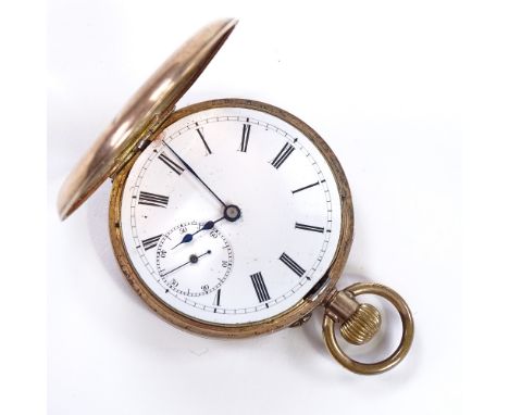 A 9ct rose gold half hunter side-wind pocket watch, white enamel dial with Roman numeral hour markers, subsidiary seconds dia