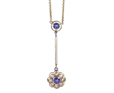 An Edwardian 15ct gold natural colour change spinel and split-pearl cluster drop necklace, openwork border and 15ct chain, sp