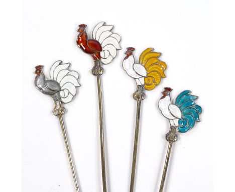 A set of 4 Bernard Meldahl Norwegian vermeil sterling silver and coloured enamel rooster hors d'oeuvres picks, maker's marks 