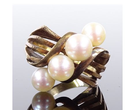 An Art Deco style 14ct gold pearl dress ring, openwork stylised shoulders, possibly Mikimoto, setting height 20.1mm, size K, 