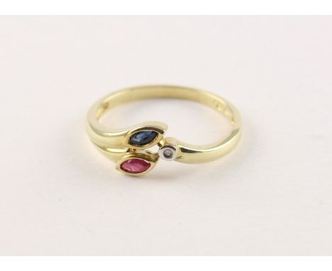 RING, 585/ooo Gelbgold, besetzt mit einem kleinen Diamanten, einem Rubin und einem Safir, RG 57, 2,1g