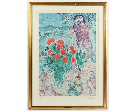 CHAGALL, Marc, "Liebendes Paar und Rosenstrauß", Farboffsetlithografie, 74 x 50, nummeriert 179/250, Drucksignatur, R.