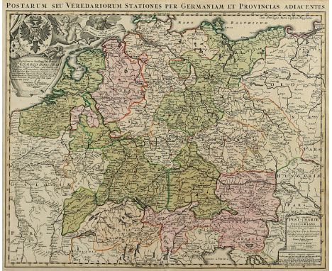 DEUTSCHLAND, "Postarum seu veredariorum stationes per Germaniam et Provincias adiancentes", kolorierter Kupferstich, 48 x 57,