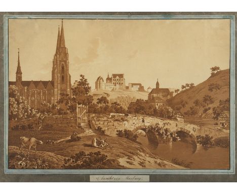 AQUARELLIST DES 19.JH., "Ansicht von Marburg", Aquarell/Papier, 27 x 40, besch. und rest., R.