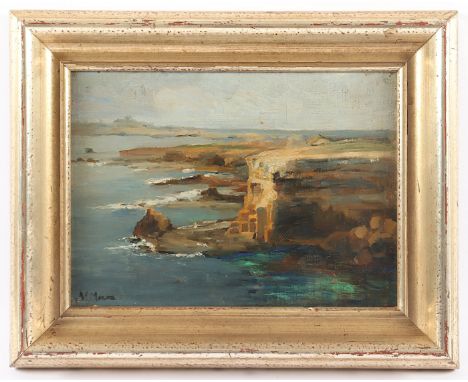 MALER UM 1900, "Felsige Küste", Öl/Lwd., 21,5 x 29, auf Karton aufgezogen, min.besch., unten links unleserlich signiert, R.