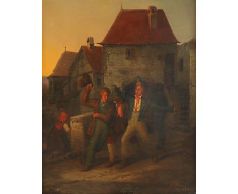 SIMON, Friedrich (1809-1852), "Morgendliche Heimkehr nach durchzechter Nacht", Öl/Lwd., 34 x 28, unten rechts signiert, "Münc