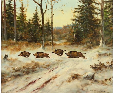 MAJEWICZ, George (1897-1973), "Winterlicher Wald mit Wildschweinrotte", Öl/Lwd., 51 x 60, unten rechts signiert, R.