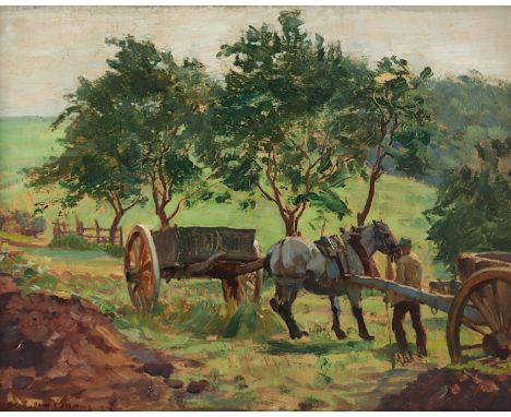 JUNGHANNS, Julius Paul (1876-1958), "Bauer beim Anspannen eines Pferdes", Öl/Holz, 39 x 50, unten links signiert und "27" dat