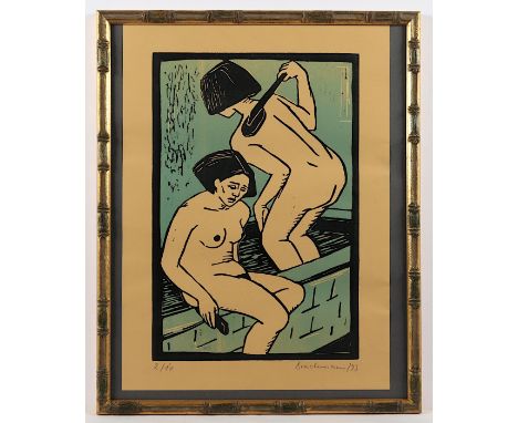 BRACHMANN, Monika, "Badende", Farbholzschnitt, 40 x 27, nummeriert 2/10, handsigniert und datiert '93, R.