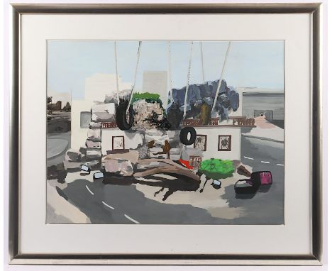 GÜDEMANN, Cordula, "Stadtansicht", Gouache/Papier mit Collage, 52 x 64, verso signiert, betitelt "Affenfelsen" und datiert 19