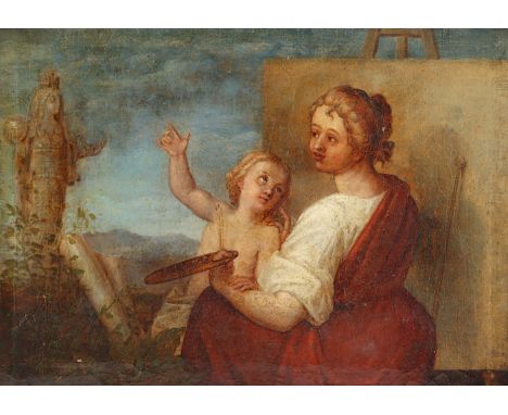 MALER UM 1800, "Portrait einer Malerin vor Staffelei", Öl/Lwd., 28 x 39,5, min.besch., R.