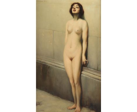 WEININGER (Maler A.20.Jh.), "Weiblicher Akt vor einer Mauer", Öl/Lwd., 52,5 x 31,5, besch., oben links signiert und "1922" da