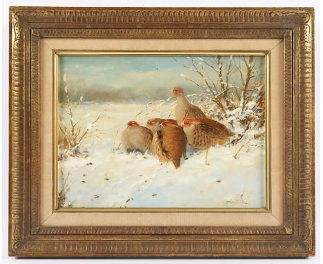 MÜRITZ, F. (Jagdmaler des 20.Jh.), "Rebhühner im Schnee", Öl/Platte, 23,5 x 30, unten rechts signiert, R.