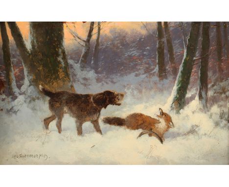 SCHEUERER, Otto (1862-1934), "Jagdhund mit gefangenem Fuchs", Öl/Platte, 21 x 33, unten links signiert, R.