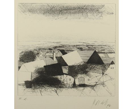 KORAB, Karl, "Dorf", Original-Radierung, 18 x 19,5, bez. E.A., handsigniert, R.