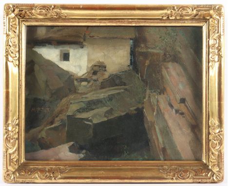 MONOGRAMMIST E.19.JH., "Felsige Landschaft mit Haus", Öl/Malkarton, 27 x 35, mittig links monogrammiert "M.P." und "93" datie