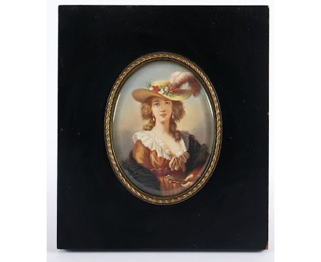 MINIATUR, "Portrait von Élisabeth Vigée-Lebrun", farbige Malerei auf Malplättchen, Dm 9, Holzrahmen
