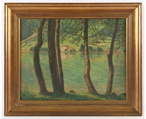FLACH, Charles (1863-1933), "Am Lago di Poschiavo bei Le Prese", Öl/Holz, 35 x 45, unten rechts signiert, verso mit Ortsangab
