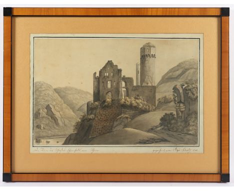 SCHÜTZ, Aegid (Maler A.19.Jh.), "Ansicht von Schloss Ehrenfels am Rhein", Tusche/Aquarell/Papier, 25,5 x 39, unten rechts sig