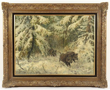 BUDDENBERG, Wilhelm (1890-1967), "Wildschweinrotte in winterlichem Tannenwald", Öl/Lwd., 60 x 80, unten links signiert, R.