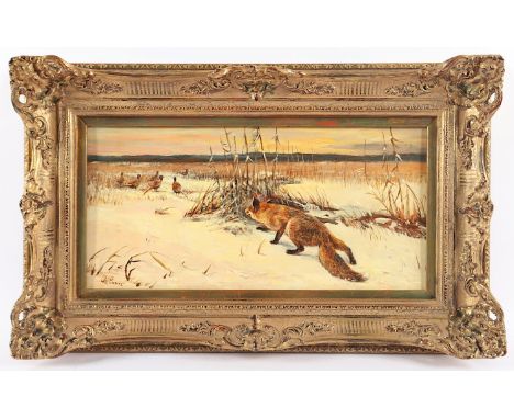 LORENZ, Willi (1901-1981), "Anschleichender Fuchs", Öl/Hartfaser, 20 x 40, unten links signiert, R.