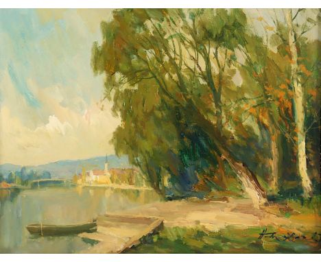 HODR, Karel (1910-2002), "Landschaft mit Gewässer und Ansicht einer Kleinstadt", Öl/Hartfaser, 33,5 x 43, unten rechts signie