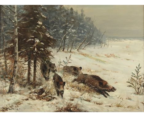 LORENZ, Willi (1901-1981), "Winterlicher Waldrand mit Wildschweinrotte", Öl/Lwd., 60 x 80, unten links signiert, R.