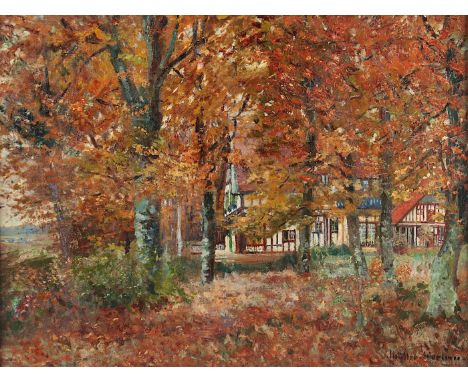 MÜLLER-WERLAU, Peter Paul (1864-1945), "Herbstlicher Wald mit Fachwerkanwesen", Öl/Lwd., 56 x 74, unten rechts signiert, R.