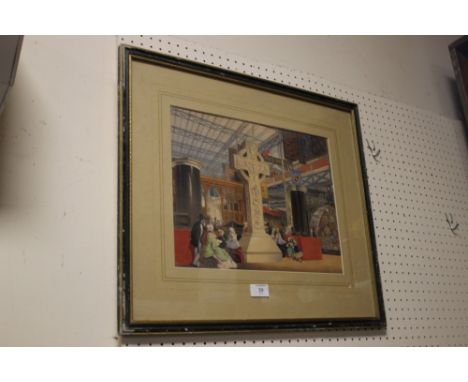 A VINTAGE COLOURED ENGRAVING DEPICTING A CRUCIFIX MONUMENT WITH FIGURES 