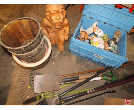 A BOX OF GARDEN GNOMES TOGETHER WITH A LARGE CERAMIC GNOME, PLANT POTS & GARDEN TOOLS