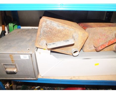 A CASED LEVELLING KIT PLUS TWO JERRY CANS, A FILING DRAW AND A WORK BENCH