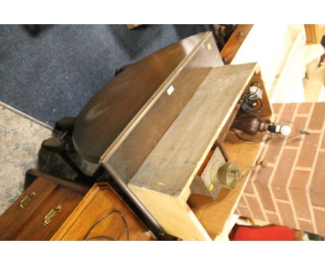 AN OAK DROPLEAF TABLE A/F, WITH A BOX OF SUNDRIES TO INC A COFFEE GRINDER