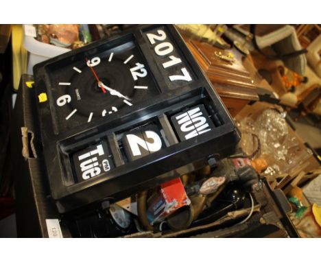 A TRAY OF VINTAGE TELEPHONES AND CLOCKS TO INCLUDE A TERMINATOR FIGURE 