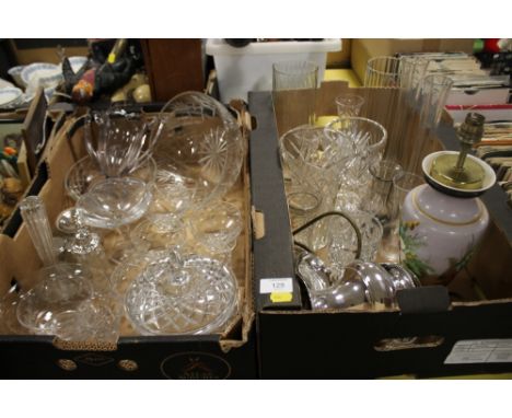 TWO TRAYS OF GLASSWARE TO INCLUDE A PAINTED GLASS LAMP AND A SMALL QUANTITY OF METALWARE