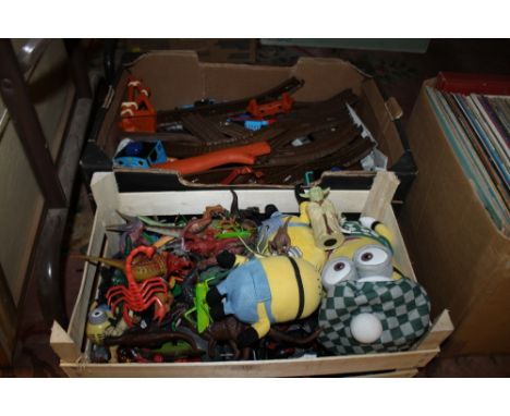 THREE TRAYS OF TOYS TO INCLUDE THOMAS THE TANK ENGINE, DINOSAURS ETC