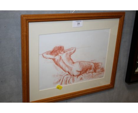 A FRAMED AND GLAZED PENCIL SKETCH OF A NUDE SIGNED E. MALLETT 