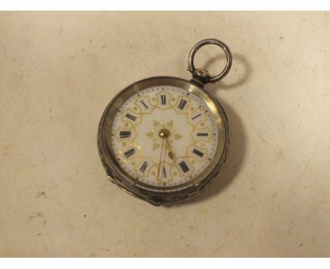 A CONTINENTAL SILVER FOB WATCH WITH GILDED ENAMEL DIAL STAMPED 935 