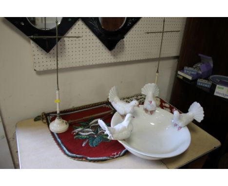 A PAIR OF BEAD WORK WALL HANGINGS TOGETHER WITH STANDS AND A CERAMIC DOVE BASIN A/F