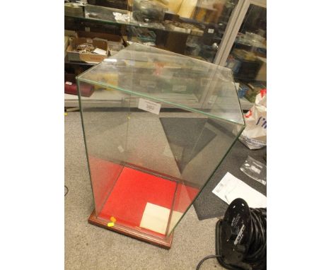 A RECTANGULAR GLASS DISPLAY CASE ON PLINTH 