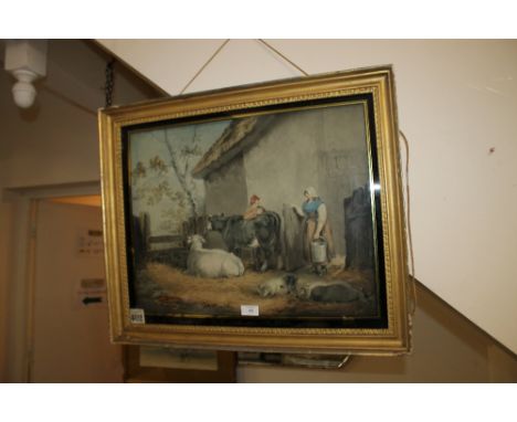 A FRAMED AND GLAZED VINTAGE WATERCOLOUR ENTITLED MILK MAID AND COW HERD 