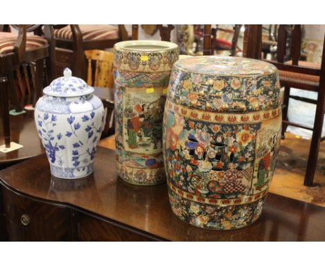 AN ORIENTAL CERAMIC WINDOW SEAT, STICK STAND & FLORAL JAR & COVER (3)